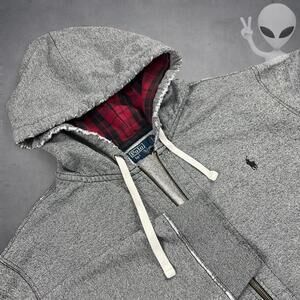 Polo Ralph Lauren Hoodie Size 2XL Grey Full Zip Plaid Lined Hood Jacket vintage